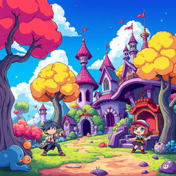 A vibrant scene inspired by the video game Deltarune, showcasing a fantastical landscape filled with surreal, cartoonish characters like Lancer, Kris, and Susie, engaging in a playful adventure