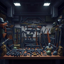 A detailed 2D illustration of an impressive arsenal of weapons displayed in an organized manner