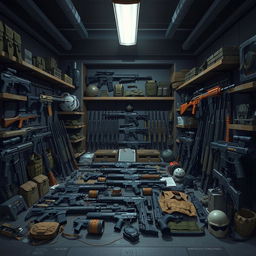 A detailed 2D illustration of an impressive arsenal of weapons displayed in an organized manner