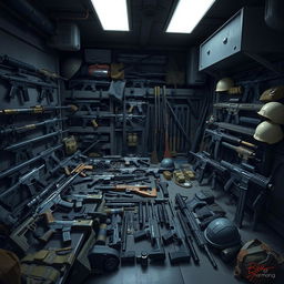 A detailed 2D illustration of an impressive arsenal of weapons displayed in an organized manner