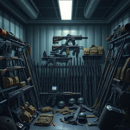 A detailed 2D illustration of an impressive arsenal of weapons displayed in an organized manner