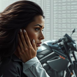 A stunning white woman with dark hair and brown eyes, tall and beautiful, depicted as a detective, is holding her face and intensely gazing at an equally beautiful black woman with voluminous hair