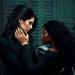 A stunning white woman with dark hair and brown eyes, tall and beautiful, depicted as a detective, is holding her face and intensely gazing at an equally beautiful black woman with voluminous hair