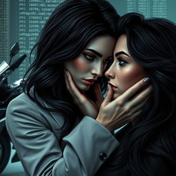 A stunning white woman with dark hair and brown eyes, tall and beautiful, depicted as a detective, is holding her face and intensely gazing at an equally beautiful black woman with voluminous hair