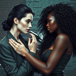 A stunning white woman with dark hair and brown eyes, tall and beautiful, depicted as a detective, is holding her face and intensely gazing at an equally beautiful black woman with voluminous hair