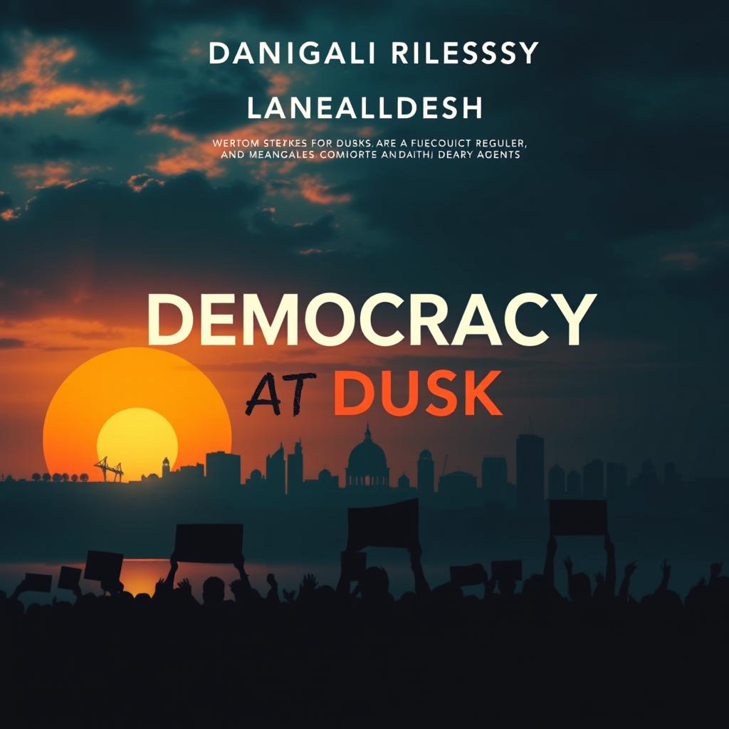 A contemporary book cover design for 'Democracy at Dusk', featuring a dramatic sunset over a city skyline in Bangladesh