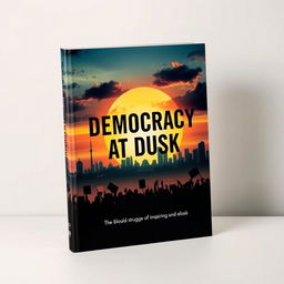 A contemporary book cover design for 'Democracy at Dusk', featuring a dramatic sunset over a city skyline in Bangladesh