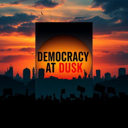 A contemporary book cover design for 'Democracy at Dusk', featuring a dramatic sunset over a city skyline in Bangladesh