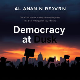 A contemporary book cover design for 'Democracy at Dusk', featuring a dramatic sunset over a city skyline in Bangladesh