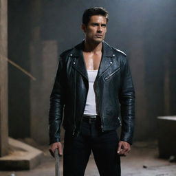 The scene now reflects the muscular, tall Indian man in his black leather jacket, stained white shirt and stained sledgehammer, all in a dark and eerie setting.