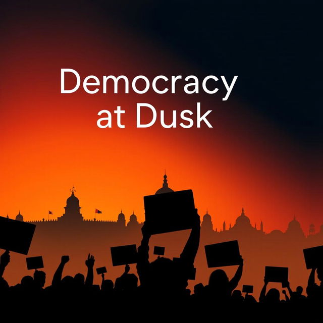 A striking modern book cover for 'Democracy at Dusk', depicting a somber atmosphere reflecting the decline of democracy in Bangladesh