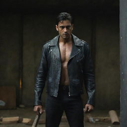 The scene now reflects the muscular, tall Indian man in his black leather jacket, stained white shirt and stained sledgehammer, all in a dark and eerie setting.