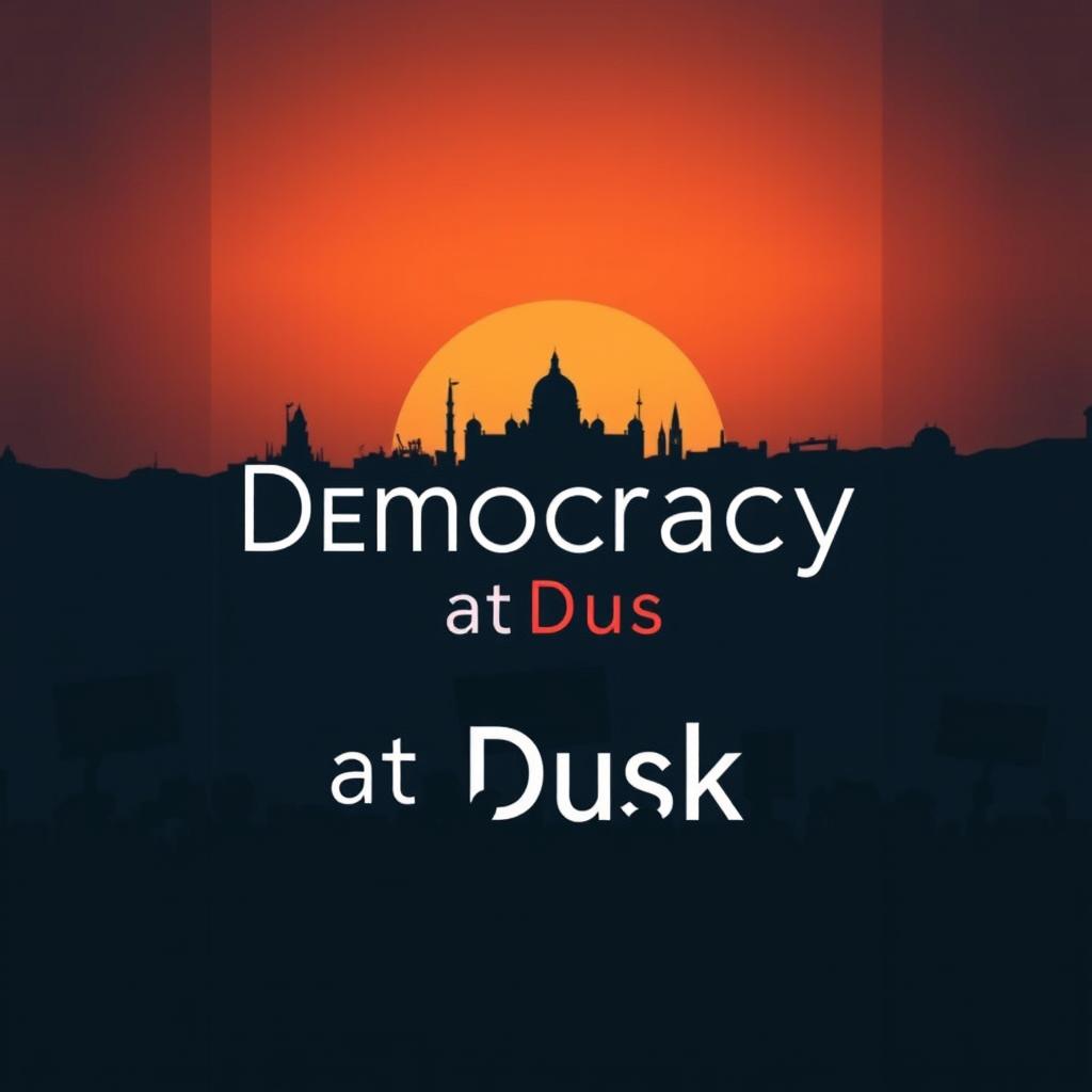 A striking modern book cover for 'Democracy at Dusk', depicting a somber atmosphere reflecting the decline of democracy in Bangladesh