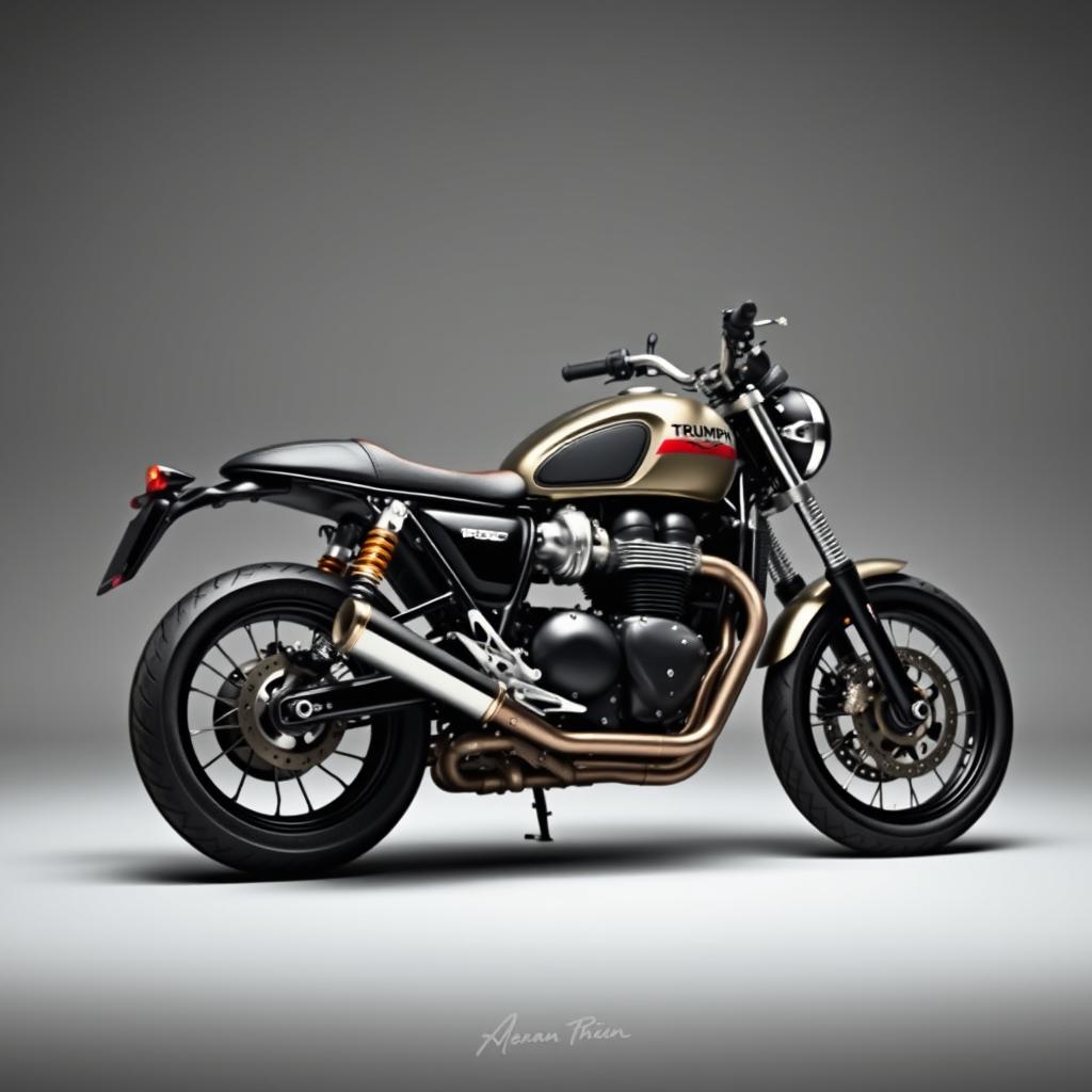 A stunning Triumph Thruxton 1200 R motorcycle showcased in a striking grey background