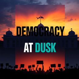 A sleek modern book cover for 'Democracy at Dusk', visually embodying the theme of the decline of democracy in Bangladesh