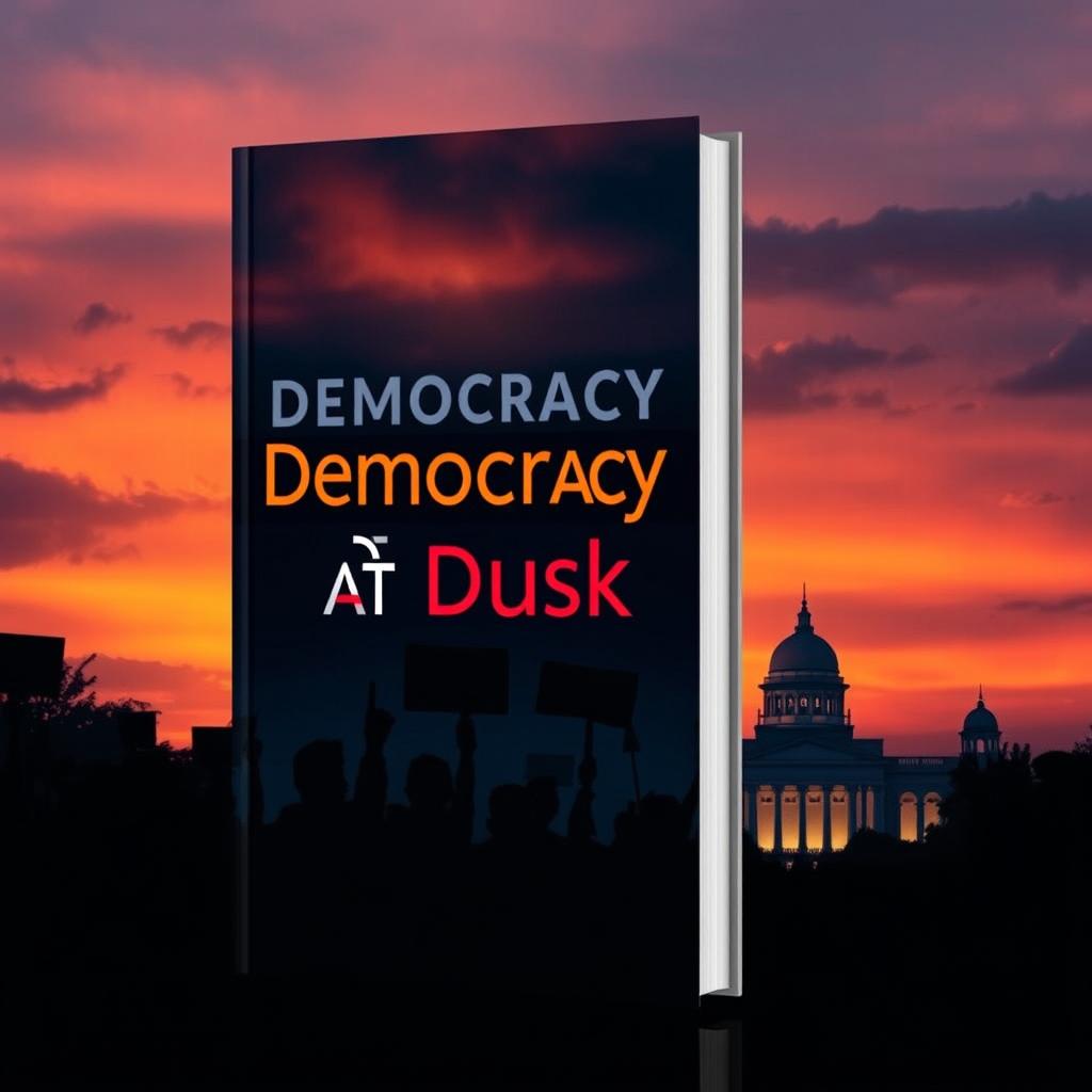 A sleek modern book cover for 'Democracy at Dusk', visually embodying the theme of the decline of democracy in Bangladesh