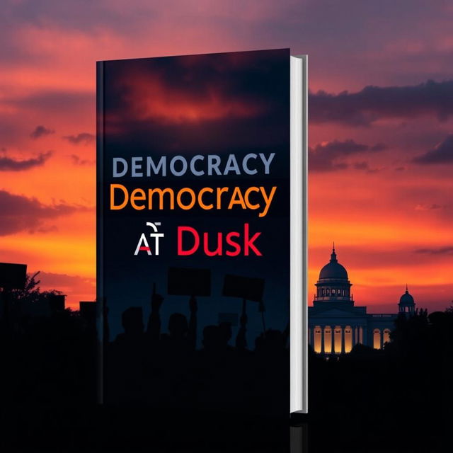 A sleek modern book cover for 'Democracy at Dusk', visually embodying the theme of the decline of democracy in Bangladesh