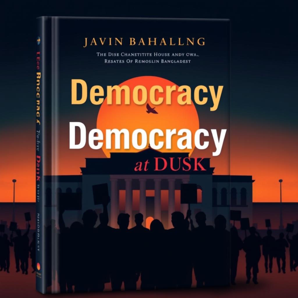 A sleek modern book cover for 'Democracy at Dusk', visually embodying the theme of the decline of democracy in Bangladesh