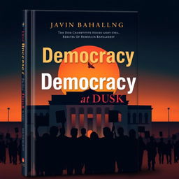 A sleek modern book cover for 'Democracy at Dusk', visually embodying the theme of the decline of democracy in Bangladesh