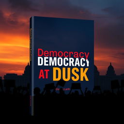 A sleek modern book cover for 'Democracy at Dusk', visually embodying the theme of the decline of democracy in Bangladesh