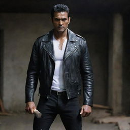 The scene now reflects the muscular, tall Indian man in his black leather jacket, stained white shirt and stained sledgehammer, all in a dark and eerie setting.