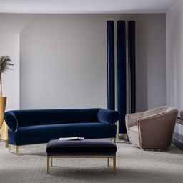 A comfortable living room with a navy blue velvet sofa, a grey velvet chair, an additional leather chair, and a sleek modern chimney.