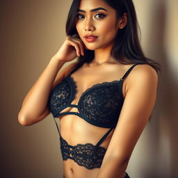 An Indonesian woman confidently wearing a chic black bra that accentuates her curves and natural beauty