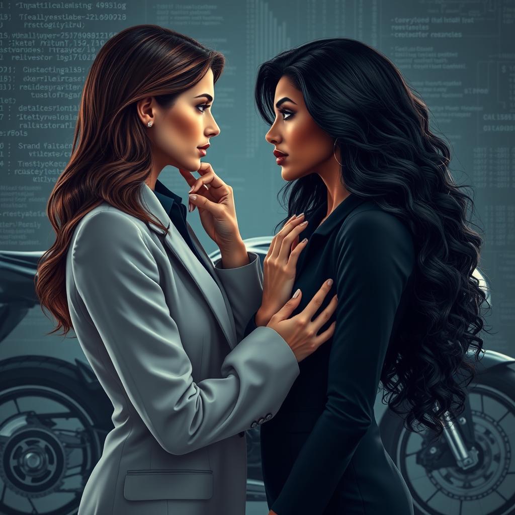 A beautiful white woman with brown hair and brown eyes, tall and elegantly dressed as a detective, gently holding the face of a stunning black woman with voluminous hair