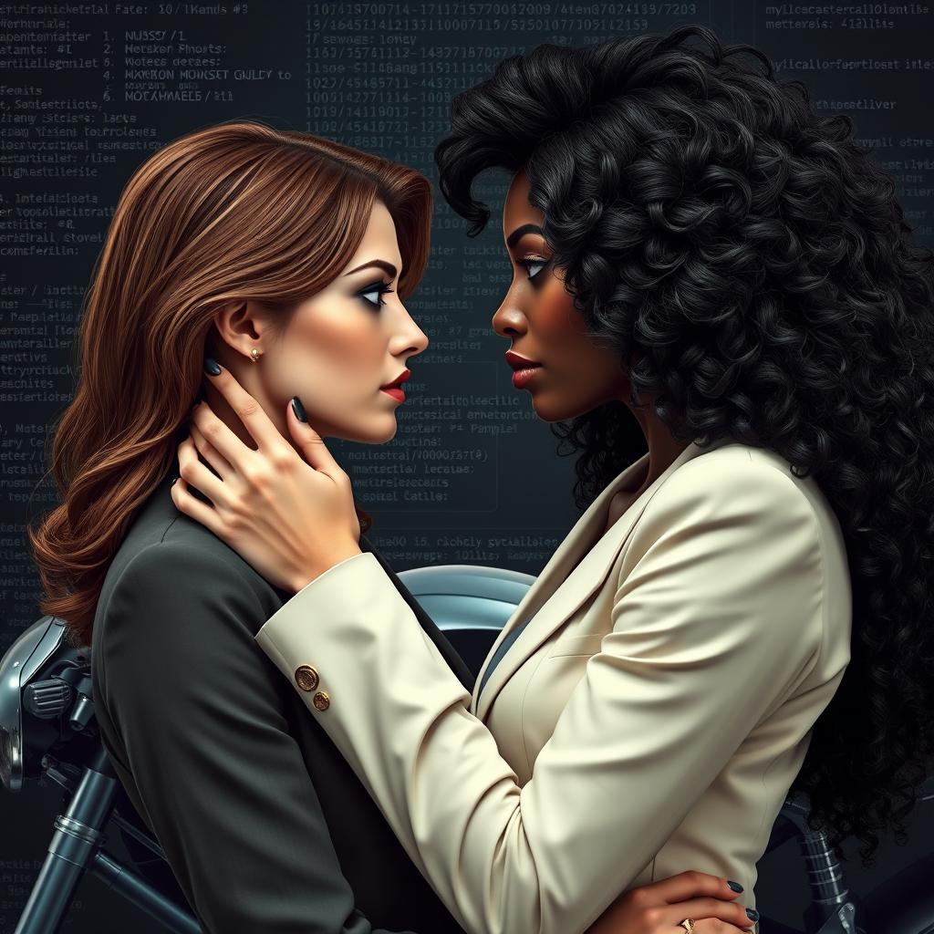 A beautiful white woman with brown hair and brown eyes, tall and elegantly dressed as a detective, gently holding the face of a stunning black woman with voluminous hair