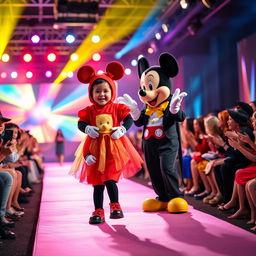 A vibrant fashion show on a brightly lit stage filled with colorful lights, with an enthusiastic presenter engaging the audience