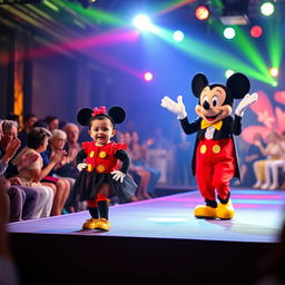 A vibrant fashion show on a brightly lit stage filled with colorful lights, with an enthusiastic presenter engaging the audience