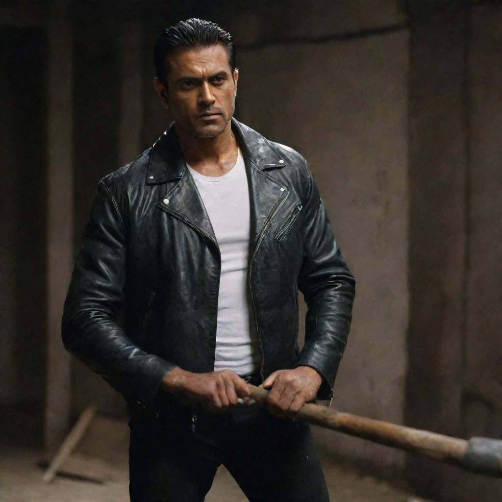 The scene now reflects the muscular, tall Indian man in his black leather jacket, stained white shirt and stained sledgehammer, all in a dark and eerie setting.