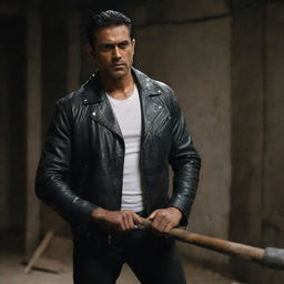 The scene now reflects the muscular, tall Indian man in his black leather jacket, stained white shirt and stained sledgehammer, all in a dark and eerie setting.