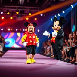 A vibrant fashion show on a brightly lit stage filled with colorful lights, with an enthusiastic presenter engaging the audience