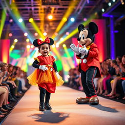 A vibrant fashion show on a brightly lit stage filled with colorful lights, with an enthusiastic presenter engaging the audience