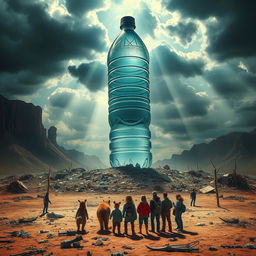 A dramatic and thought-provoking scene depicting a giant, menacing water bottle hovering over a devastated landscape, representing environmental destruction