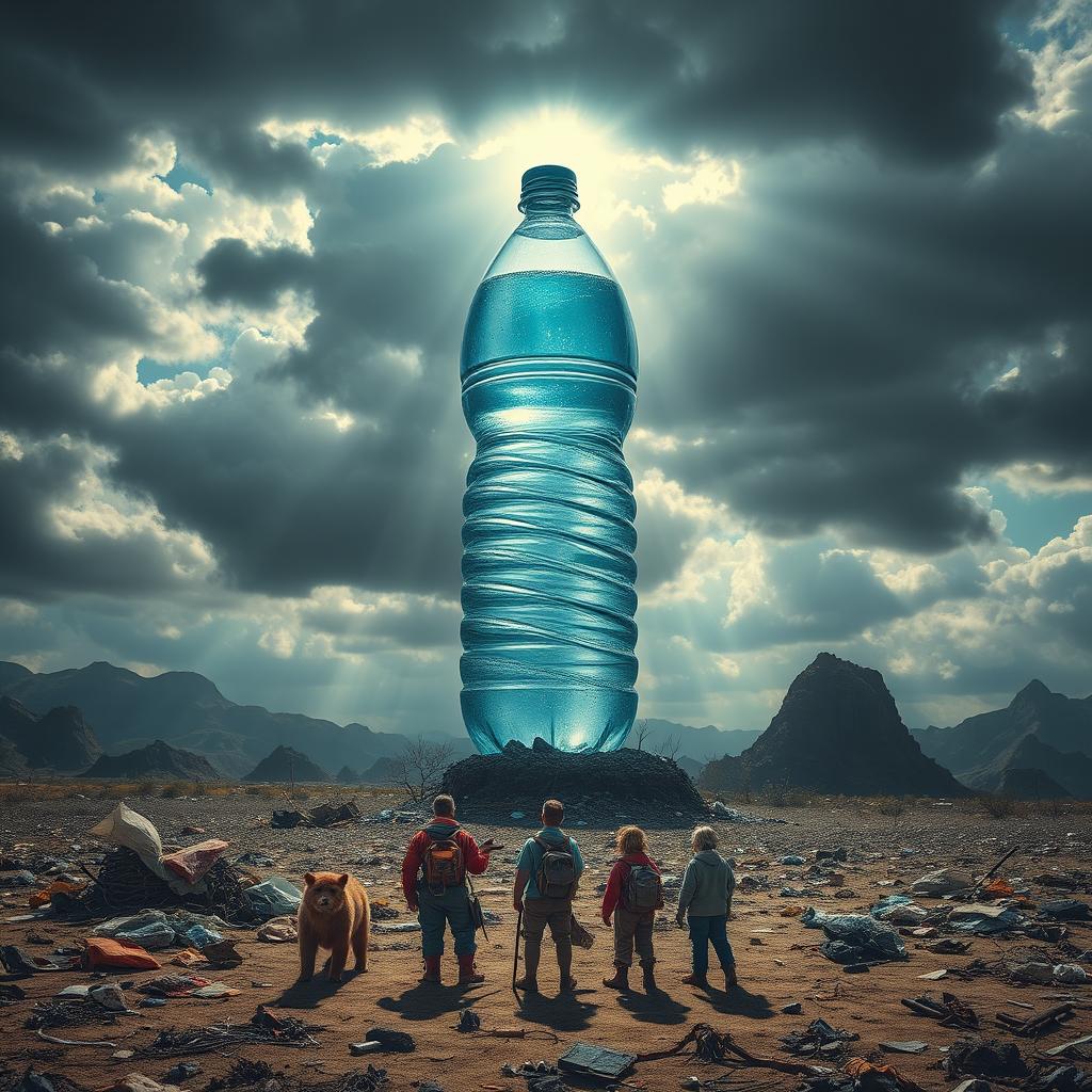 A dramatic and thought-provoking scene depicting a giant, menacing water bottle hovering over a devastated landscape, representing environmental destruction