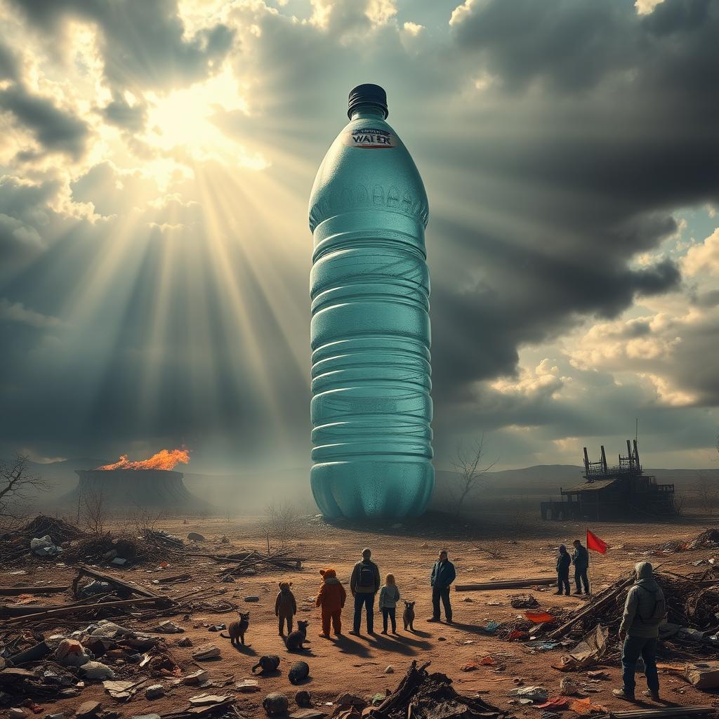 A dramatic and thought-provoking scene depicting a giant, menacing water bottle hovering over a devastated landscape, representing environmental destruction