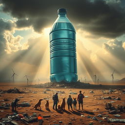 A dramatic and thought-provoking scene depicting a giant, menacing water bottle hovering over a devastated landscape, representing environmental destruction