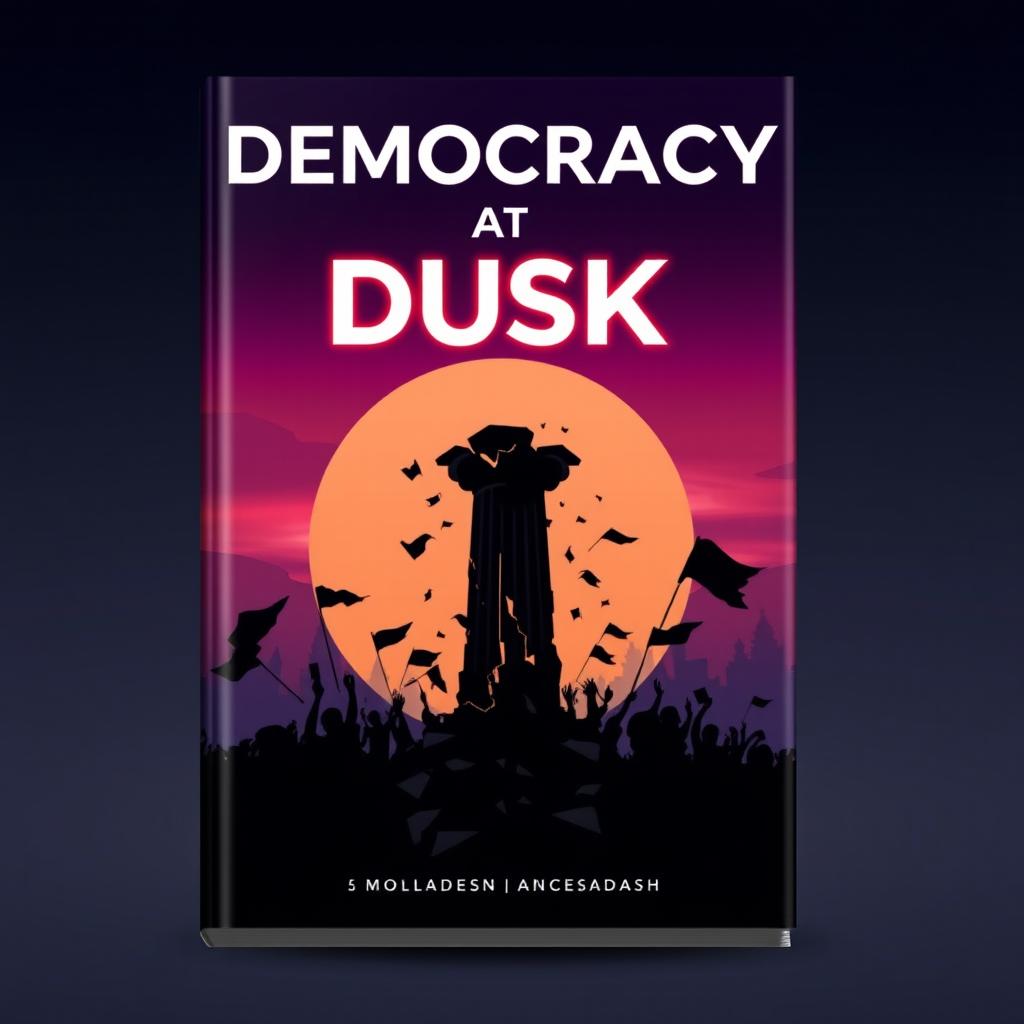 A modern and unique book cover for 'Democracy at Dusk', encapsulating the theme of the fall of democracy in Bangladesh