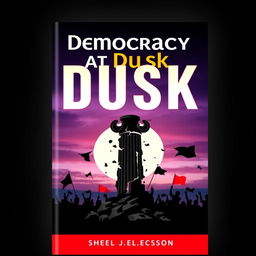 A modern and unique book cover for 'Democracy at Dusk', encapsulating the theme of the fall of democracy in Bangladesh