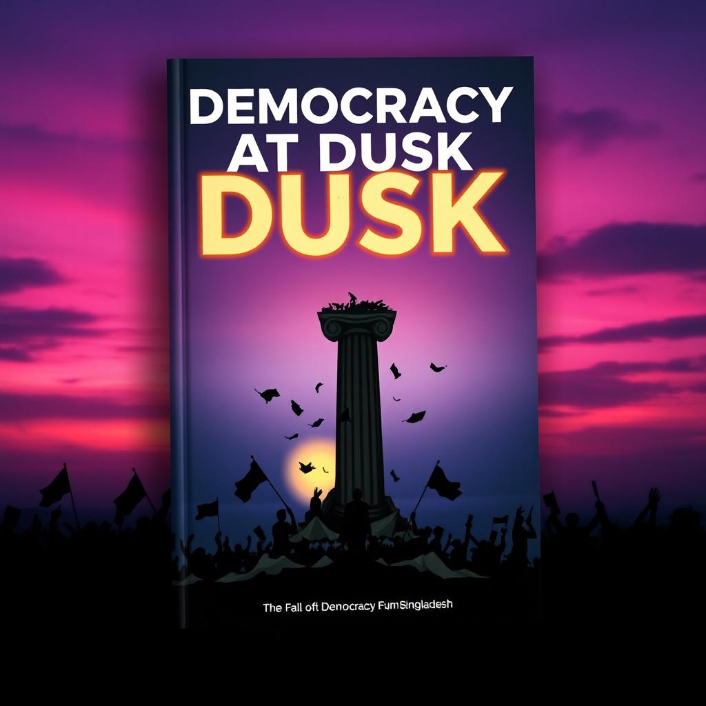 A modern and unique book cover for 'Democracy at Dusk', encapsulating the theme of the fall of democracy in Bangladesh