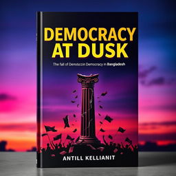 A modern and unique book cover for 'Democracy at Dusk', encapsulating the theme of the fall of democracy in Bangladesh