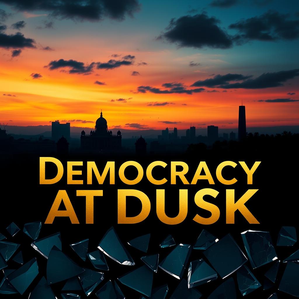 A modern and unique book cover for 'Democracy at Dusk', capturing the essence of the fall of democracy in Bangladesh