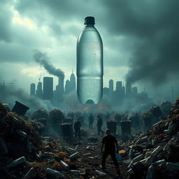 An apocalyptic scene illustrating the devastating impact of discarded water bottles on the planet and humanity