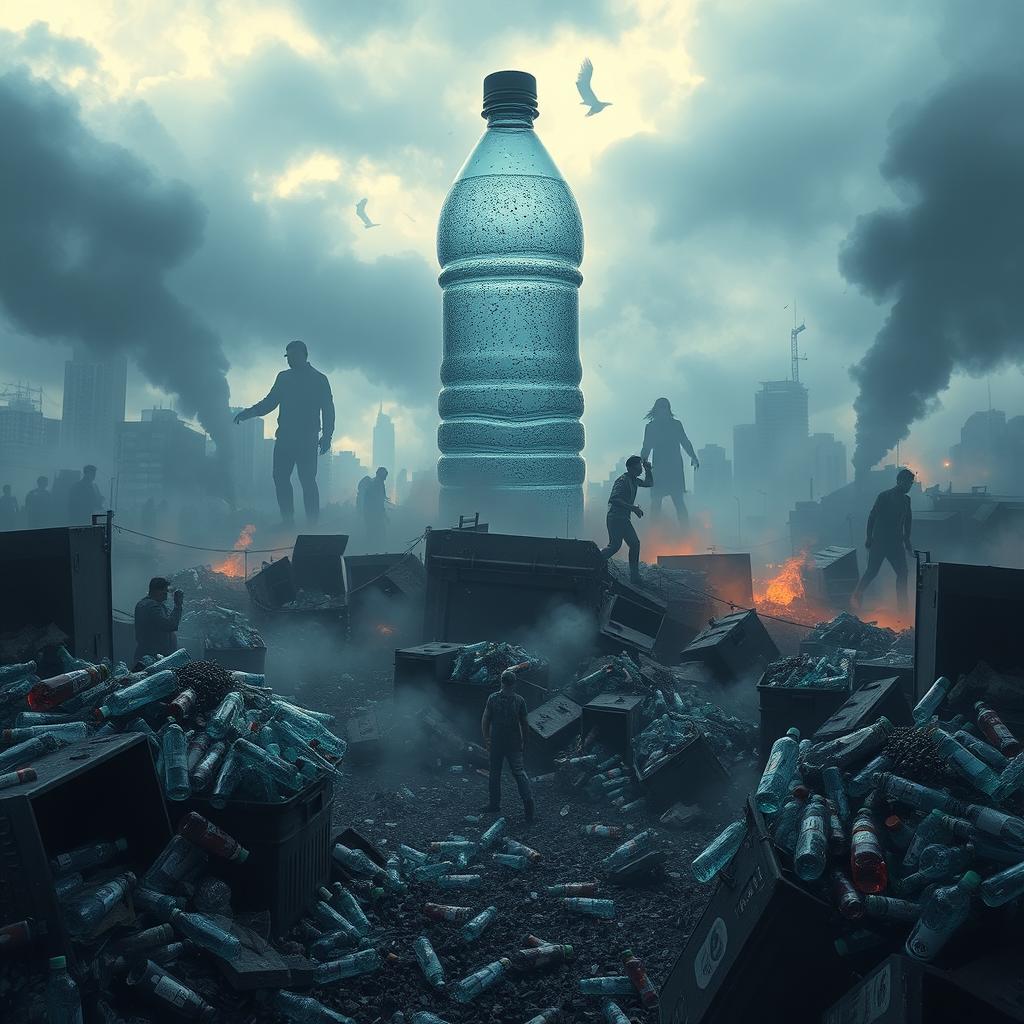 An apocalyptic scene illustrating the devastating impact of discarded water bottles on the planet and humanity