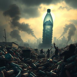 An apocalyptic scene illustrating the devastating impact of discarded water bottles on the planet and humanity