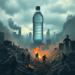 An apocalyptic scene illustrating the devastating impact of discarded water bottles on the planet and humanity