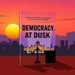 A modern and unique book cover for 'Democracy at Dusk', focusing on the theme of the fall of democracy in Bangladesh