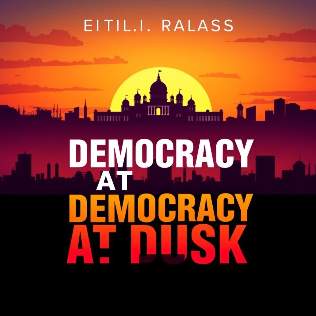 A modern and unique book cover for 'Democracy at Dusk', focusing on the theme of the fall of democracy in Bangladesh